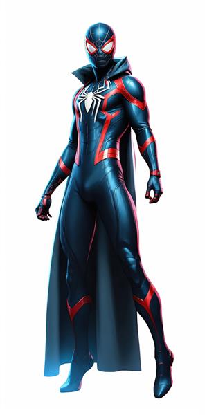 پوستر تمام‌قد مرد عنکبوتی سیاه و قرمز با شنل مشکی و استایل مدرن