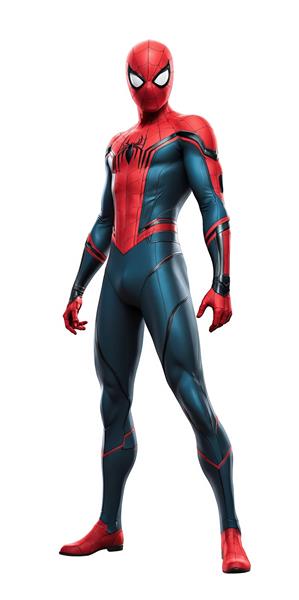 مرد عنکبوتی با لباس قرمز و آبی تیره با جزئیات مشکی، ژست جنگی