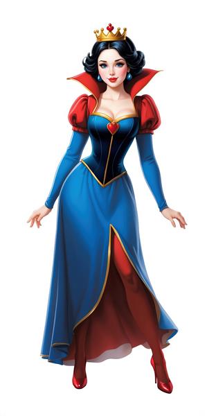 پرنسس سفید برفی در لباس رسمی با یقه‌ی بزرگ قرمز و تاج نگین‌دار