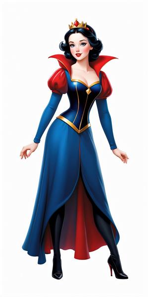 تصویر پرتره سفید برفی با لباس آبی سلطنتی و پوتین مشکی مدرن