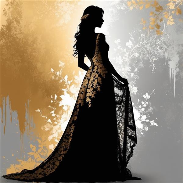 سیلوئت بانوی اشرافی در لباس مجلسی با توری طلایی و نقره‌ای