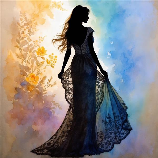 تصویر سیلوئت لباس شب آبرنگی با دنباله توری و گل‌های زرد، طرح دکوراتیو