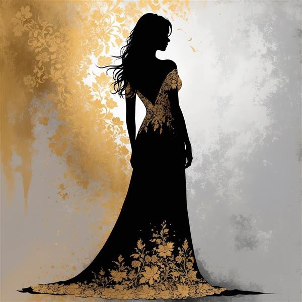 طرح سیلوئت مشکی و طلایی زنانه در لباس دنباله‌دار با جزئیات گل برجسته