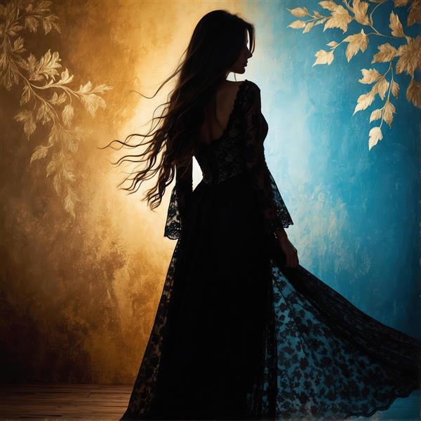 سیلوئت زن در لباس مشکی توری با پس‌زمینه انتزاعی طلایی و آبی