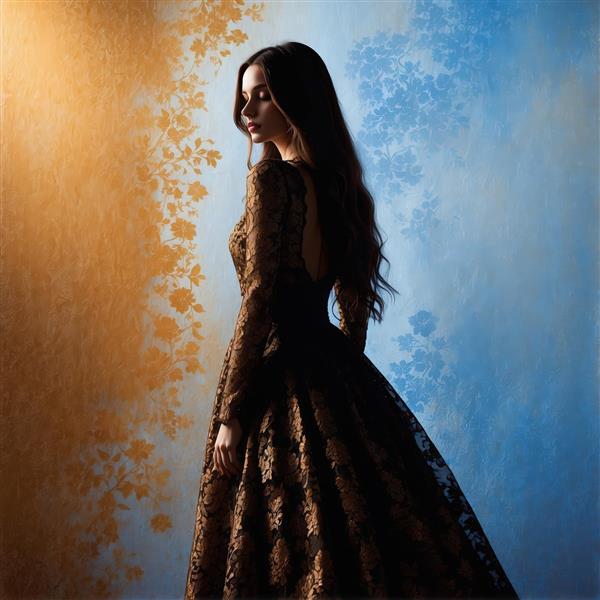 پرتره نیم‌رخ بانوی اشرافی با پیراهن فاخر تیره و موهای بلند، مناسب دکور