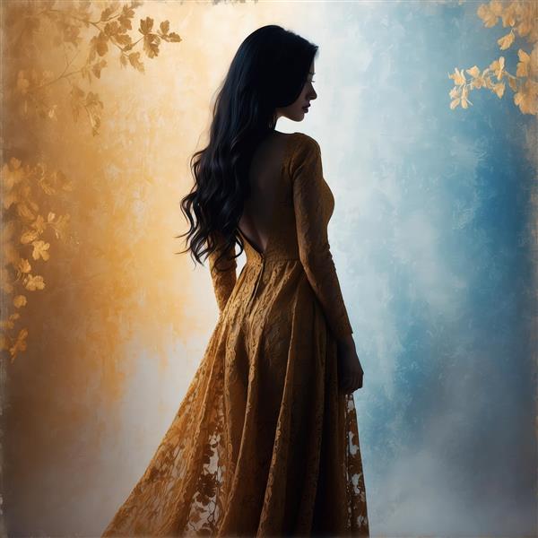 تصویر پرتره کلاسیک زنانه با لباس توری طلایی در نورپردازی دراماتیک