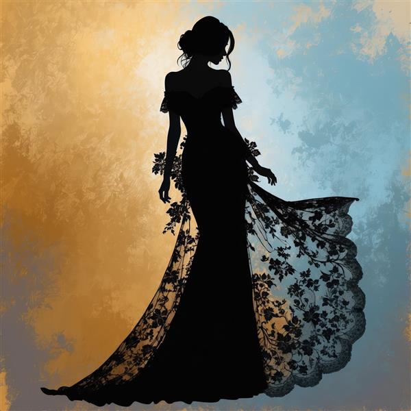 طرح وکتور سیلوئت عروس با پیراهن توری و شنل گلدار روی پس‌زمینه آبرنگی