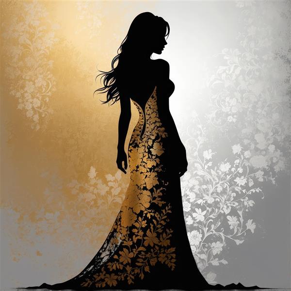 سیلوئت بانوی رقصنده در لباس شب طلایی با طرح‌های گل‌دار
