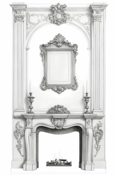 وکتور شومینه سلطنتی و طاقچه‌ آرک‌دار با قاب آینه و شمعدان‌های قرینه