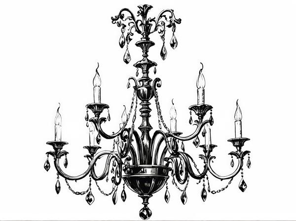 طرح وکتور لوستر چند شاخه سیاه و سفید با آویزهای کریستال و شمع