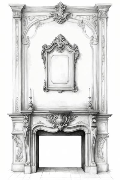 طرح شومینه باستانی با قاب آینه خالی و دو شمعدان کنار طاقچه