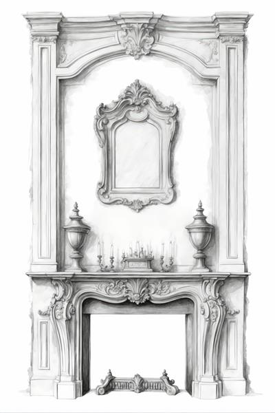 شومینه عریض با تزئینات پرکار و شمعدان‌های رومیزی، آماده چاپ پوستر