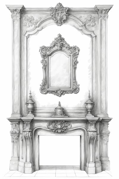 طرح وکتور نمای دیوار و شومینه فرانسوی با گلدان‌های تزئینی و قاب آینه