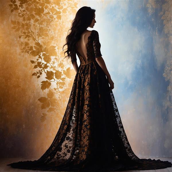 سیلوئت زن با لباس شب بلند گیپور مشکی و طرح‌های اسلیمی در پس‌زمینه رنگارنگ