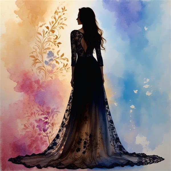 سیلوئت زنانه با پیراهن شب مجلسی مشکی و دنباله گیپوری روی بوم آبرنگ بسیار زیبا