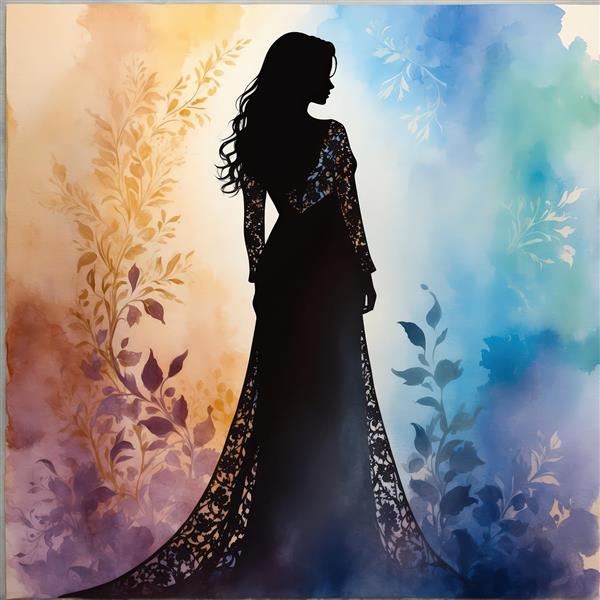 سیلوئت زن با لباس بلند گیپور مشکی و طرح‌های اسلیمی در پس‌زمینه رنگارنگ