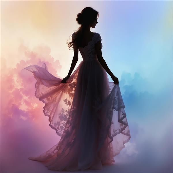 پوستر فانتزی سیلوئت عروس در میان ابرها با پیراهن پرنسسی