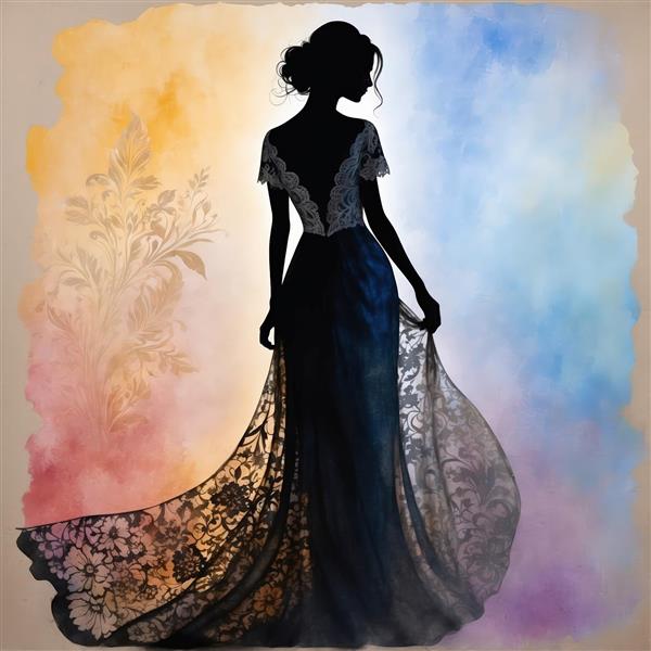 سیلوئت زنانه با پیراهن شب مجلسی مشکی و دنباله گیپوری روی بوم آبرنگ