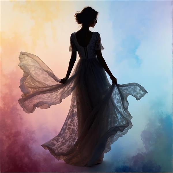 تصویر سورئال دختر در لباس بلند توری با پس‌زمینه آبرنگی ملایم