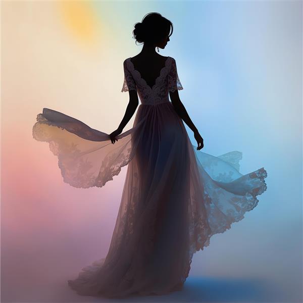 سیلوئت رمانتیک زن با لباس عروس دنباله‌دار در نور رنگین‌کمان