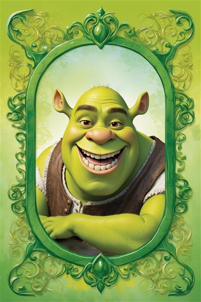 پرتره کلوزآپ شرک با لبخند باز در قاب تزئینی برای دکور