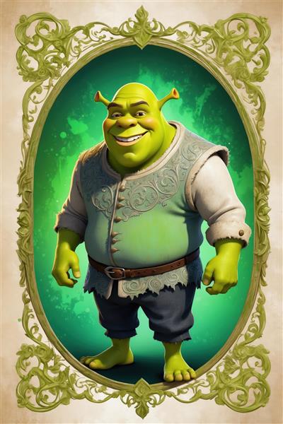 تصویر شاد شرک با پیراهن سبز و خاکی در قاب عتیقه