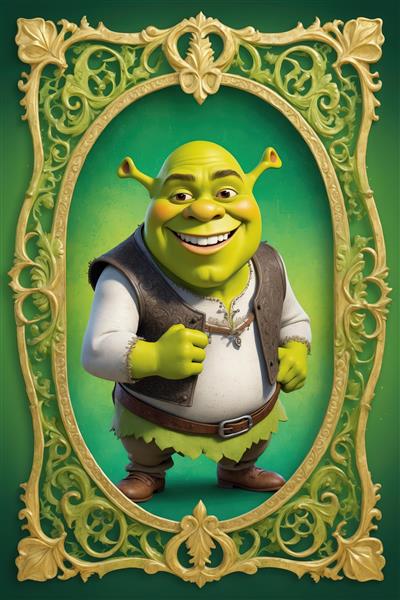 پوستر شرک خندان با لباس قهوه‌ای در قاب سلطنتی سبز