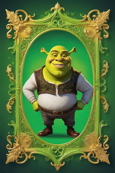 پوستر شرک با ژست رسمی در قاب طلایی و زمینه سبز سلطنتی