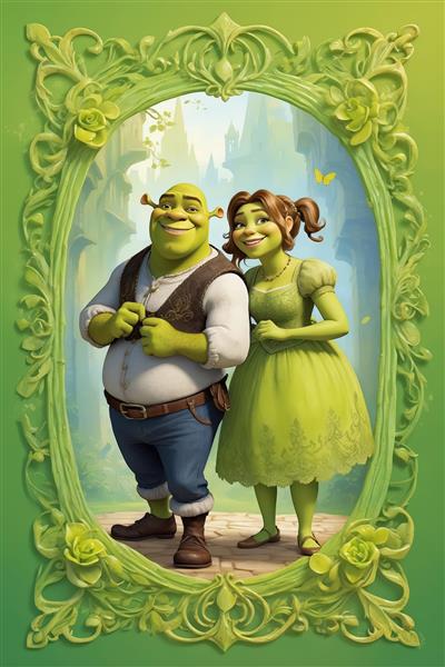 طرح شرک و فیونا با لباس‌های روستایی و پس‌زمینه جنگلی در قاب بیضی