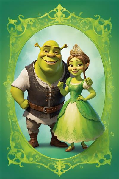 تصویر شرک و فیونا با لباس‌های رسمی در قاب سلطنتی سبز