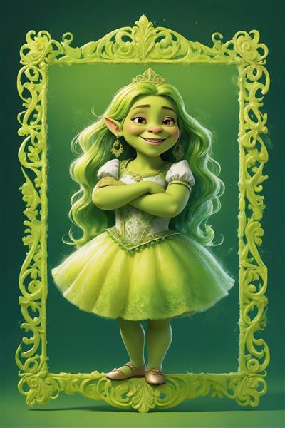 تابلو شاهزاده خانم فیونا کوچک با موهای فرفری و لباس باله سبز