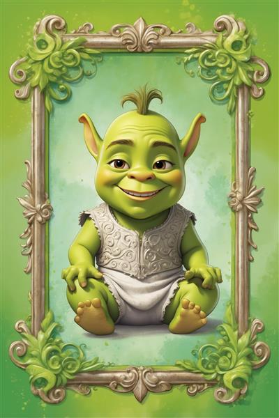 طرح بچه‌شرک کوچک با لباس سفید در حال نشسته در قاب زینتی مستطیل