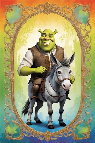 تصویر شِرک سوار بر الاغ در قاب طلایی رنگین کمانی