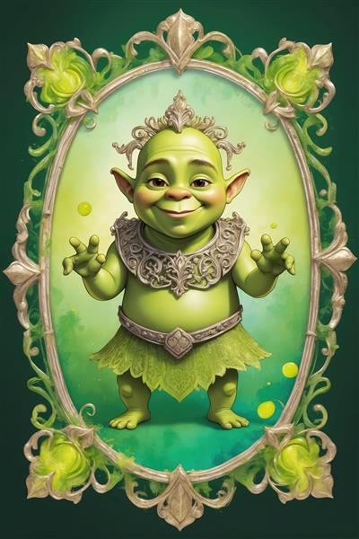 طرح بچه‌شرک پادشاهی با تاج و لباس چمنی سبز در کادر سلطنتی