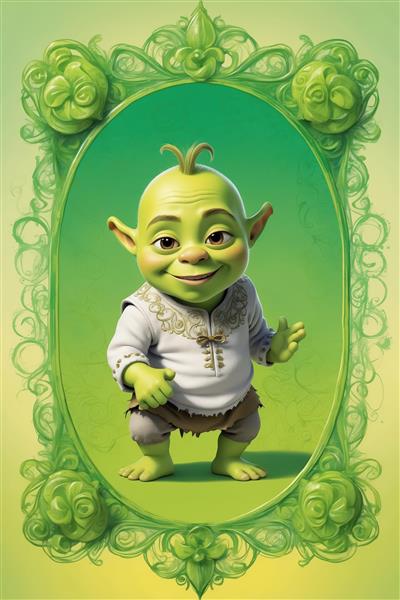 پوستر اورجینال بچه‌شرک با لباس سفید و پس‌زمینه سبز روشن در قاب تزئینی