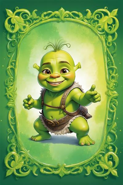 تابلو بچه‌شرک در کادر سبز سلطنتی و قاب طلایی فانتزی