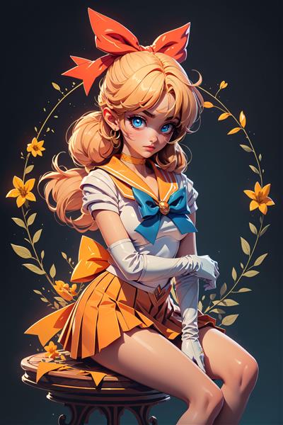 پوستر ملوان ونوس با روبان بزرگ و دستکش سفید در حلقه گل‌های طلایی