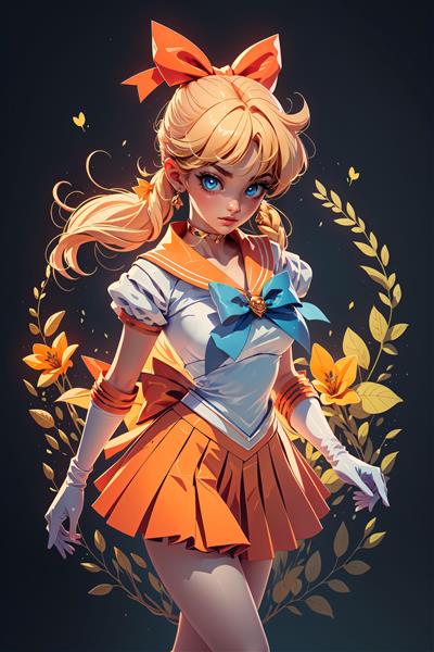 طرح ملوان ونوس با دامن نارنجی پلیسه و حلقه‌ای از گل‌های زرد