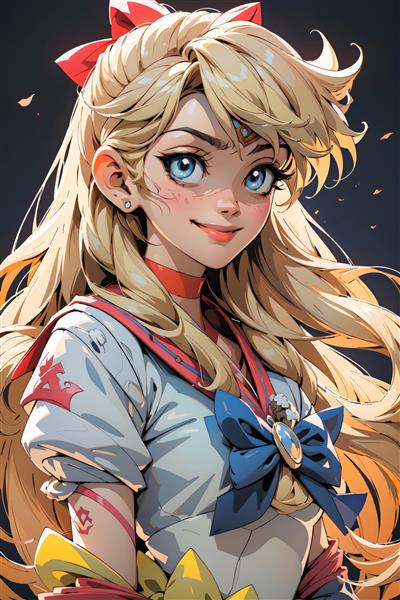 تصویر نزدیک (کلوزآپ) ملوان ونوس با موهای بلند بلوند و لبخند ملایم