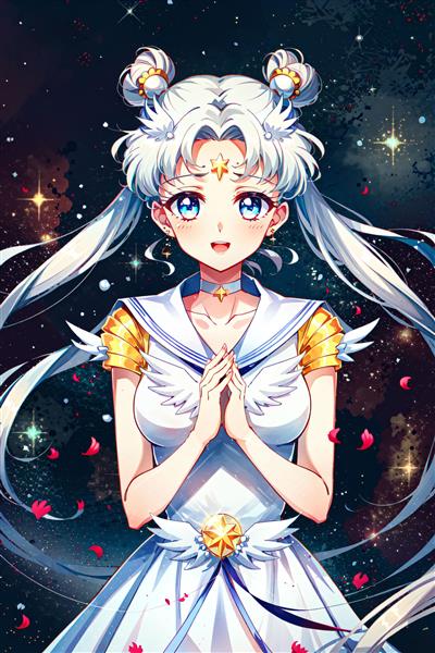 پوستر ملوان ماه با لباس ملکه سفید و گلبرگ‌های در حال ریزش