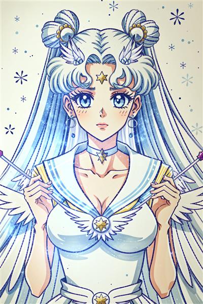 تابلو پرنسس ماه با لباس سفید برفی، موهای نقره‌ای و پس‌زمینه زمستانی