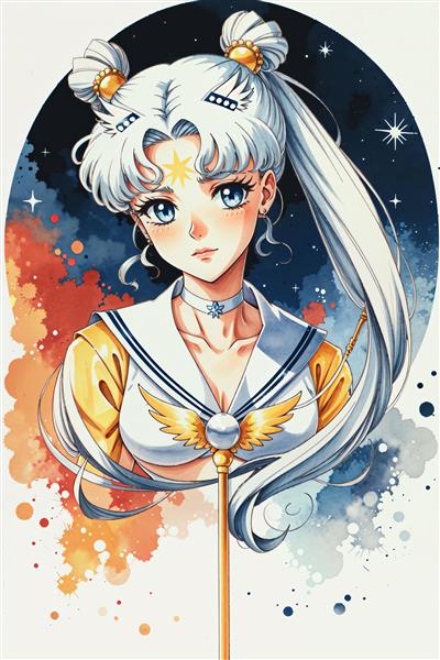 طرح ملوان ماه با موهای دم اسبی و جلوه آبرنگی نارنجی و آبی