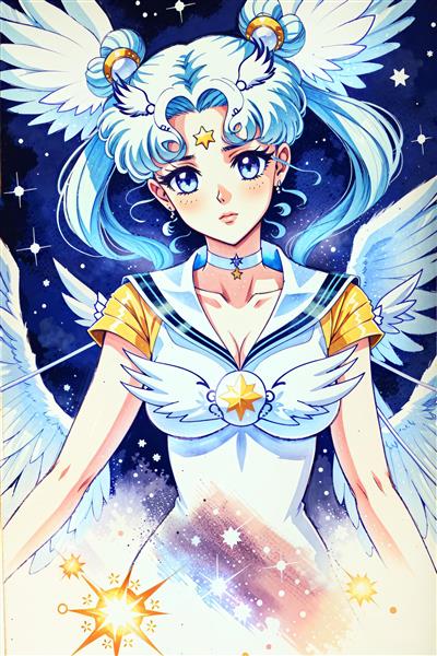 پوستر ملکه ماه بالدار با لباس سفید در کهکشان پرستاره