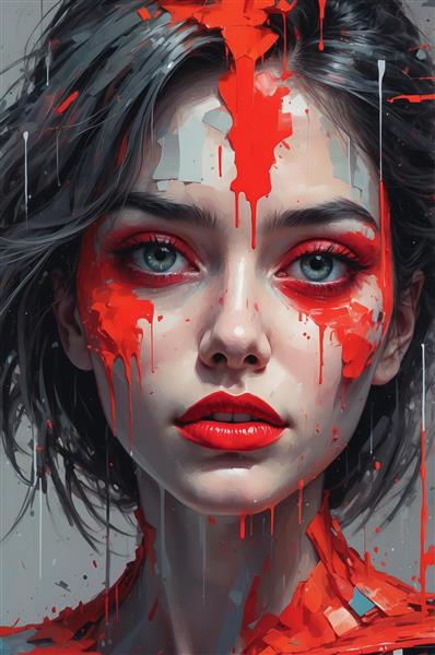 تصویر چهره زنانه با آرایش قرمز، موهای کوتاه و جلوه‌های هنری پاشش رنگ