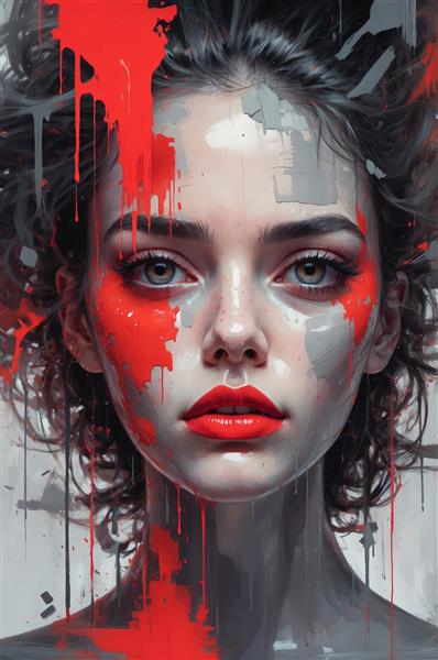 پوستر دختر جوان با موهای فر و پاشش رنگ قرمز در سبک آبرنگ مدرن