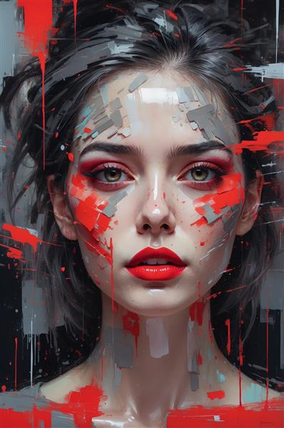 طرح چهره زن با پالت رنگی قرمز و خاکستری و ضربات قلم‌موی ضخیم