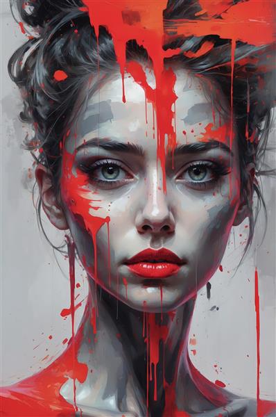 تابلو نقاشی زن با آرایش قرمز، پاشش رنگ آبرنگ و حالت آشفته