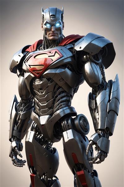 پوستر سوپرمن رباتیک با زره تیره نقره‌ای و شنل قرمز در پس‌زمینه روشن