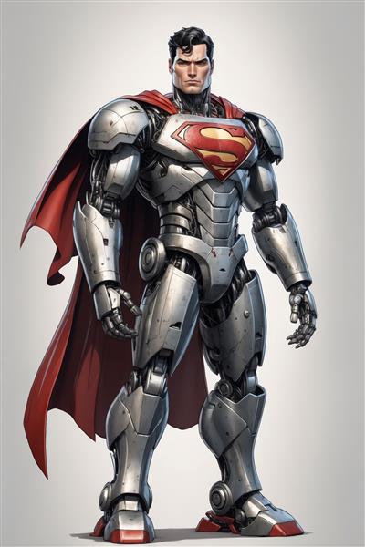طرح اورجینال سوپرمن زره‌پوش نقره‌ای با شنل قرمز در پس‌زمینه ساده