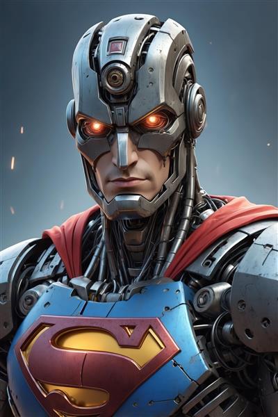 تصویر نمای نزدیک سوپرمن سایبرگ با کلاهخود مکانیکی و چشم‌های نارنجی